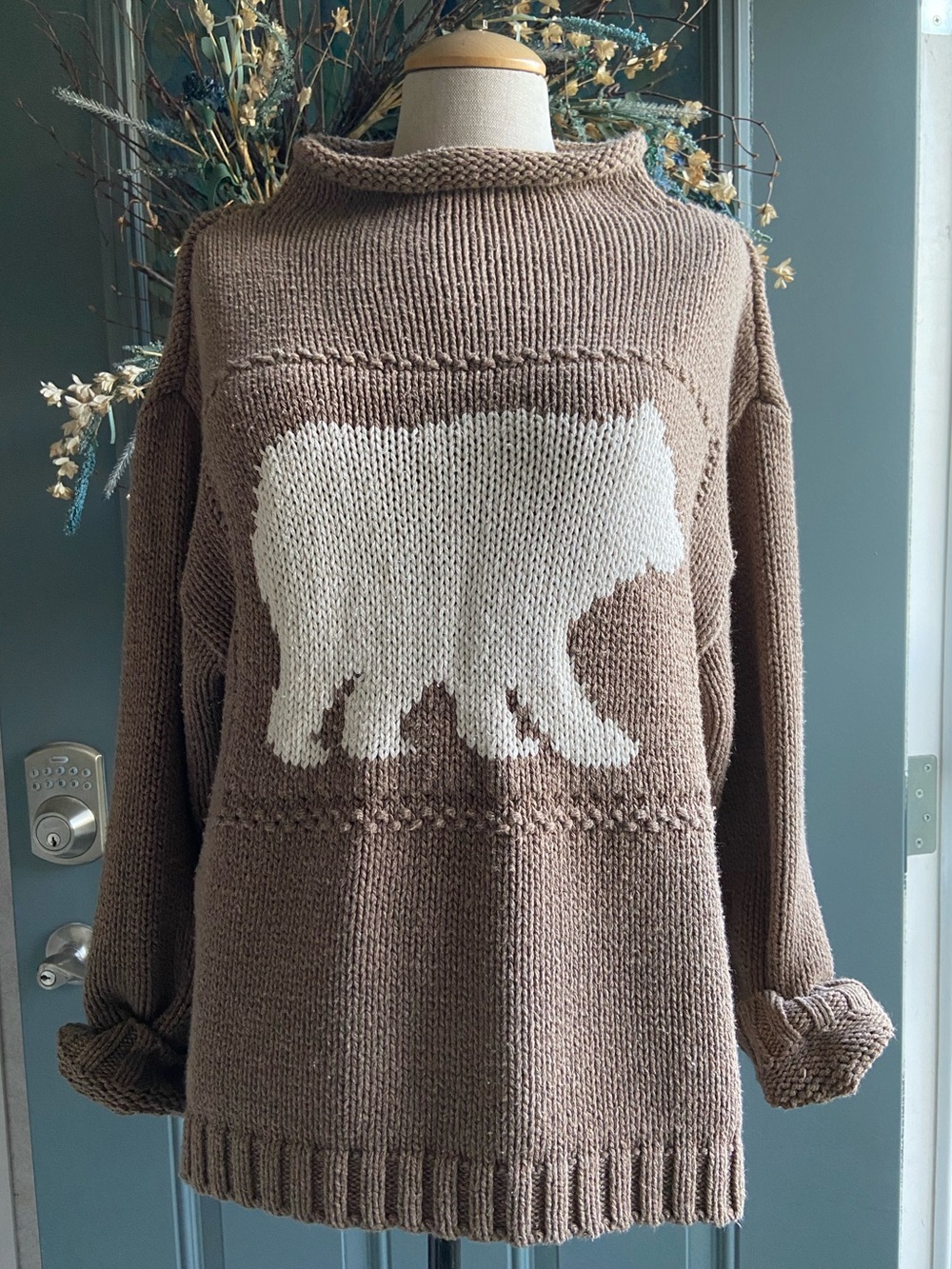 🐻 Cotton Country Taupe Sweater Cream Bear Cable Knit Cowl Mock Neck Canadian